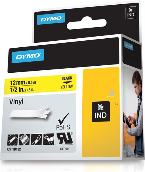 Tape DYMO Rhino 12mm x 5.5m, vinyl, black on yellow / S0718450 18432