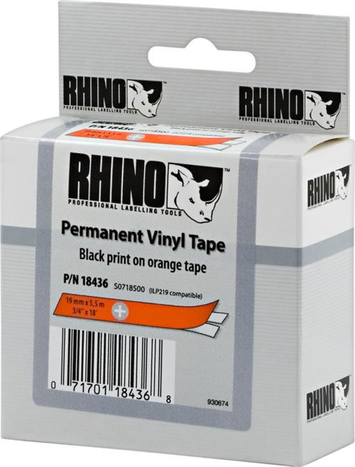 Tape DYMO Rhino 19mm x 5.5m, vinyl, black on orange / S0718500 18436