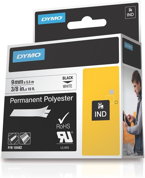 Tape DYMO Rhino 9mm x 5.5m, poliester, black on white / S0718240 18482