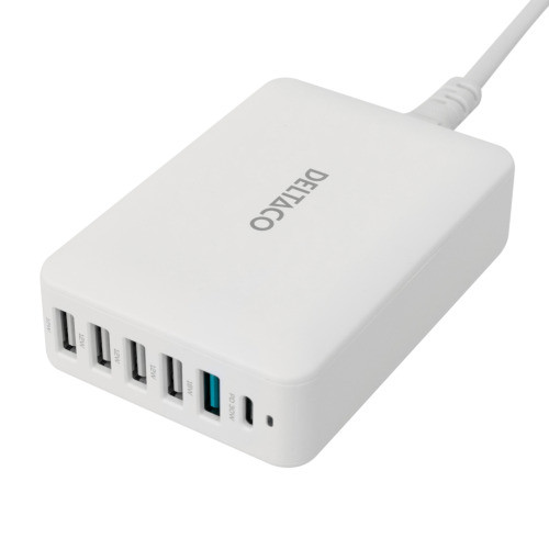 USB charging station  DELTACO with 6 ports, USB-A & USB-C, 60 W, white / USBC-MO100 / 1902112