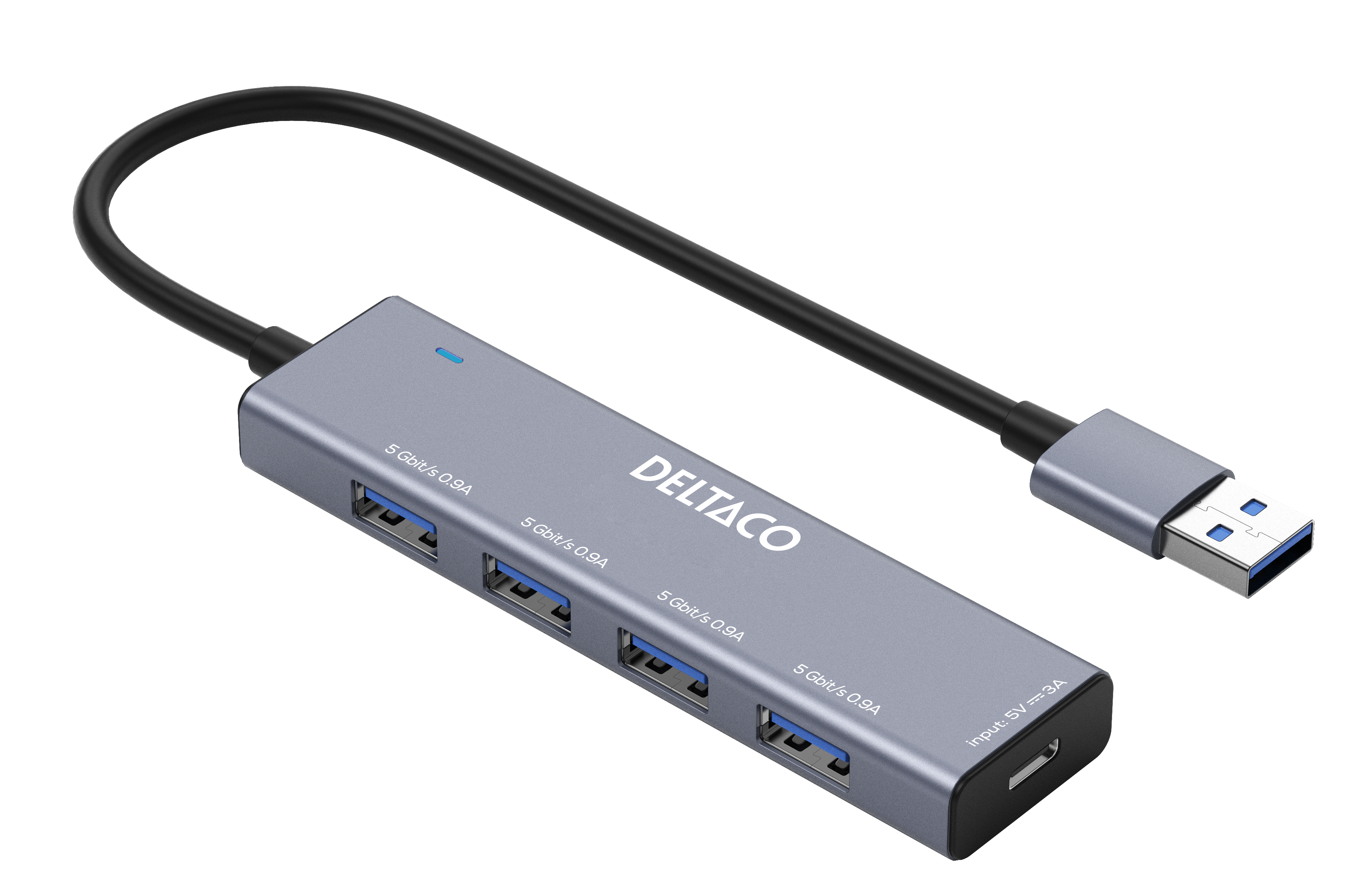 USB-A hub DELTACO, 4x USB-A female, 5 Gbps, aluminum, grey / UH-738 / 1903171