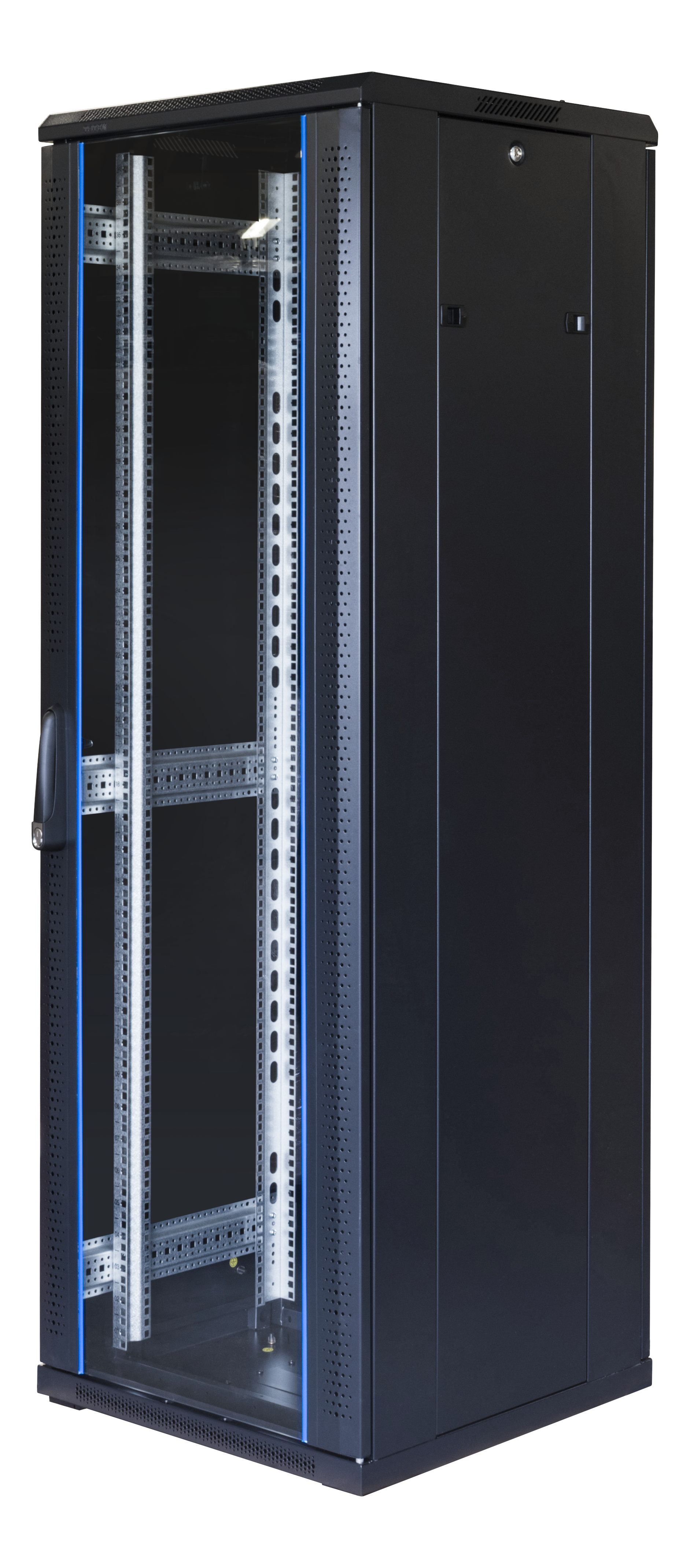  19" cabinet TOTEN, System G, 37U, 600x600, glass door, perforated rear door, 800kg load, black / G6.6637.9801 / 19-G6637GP