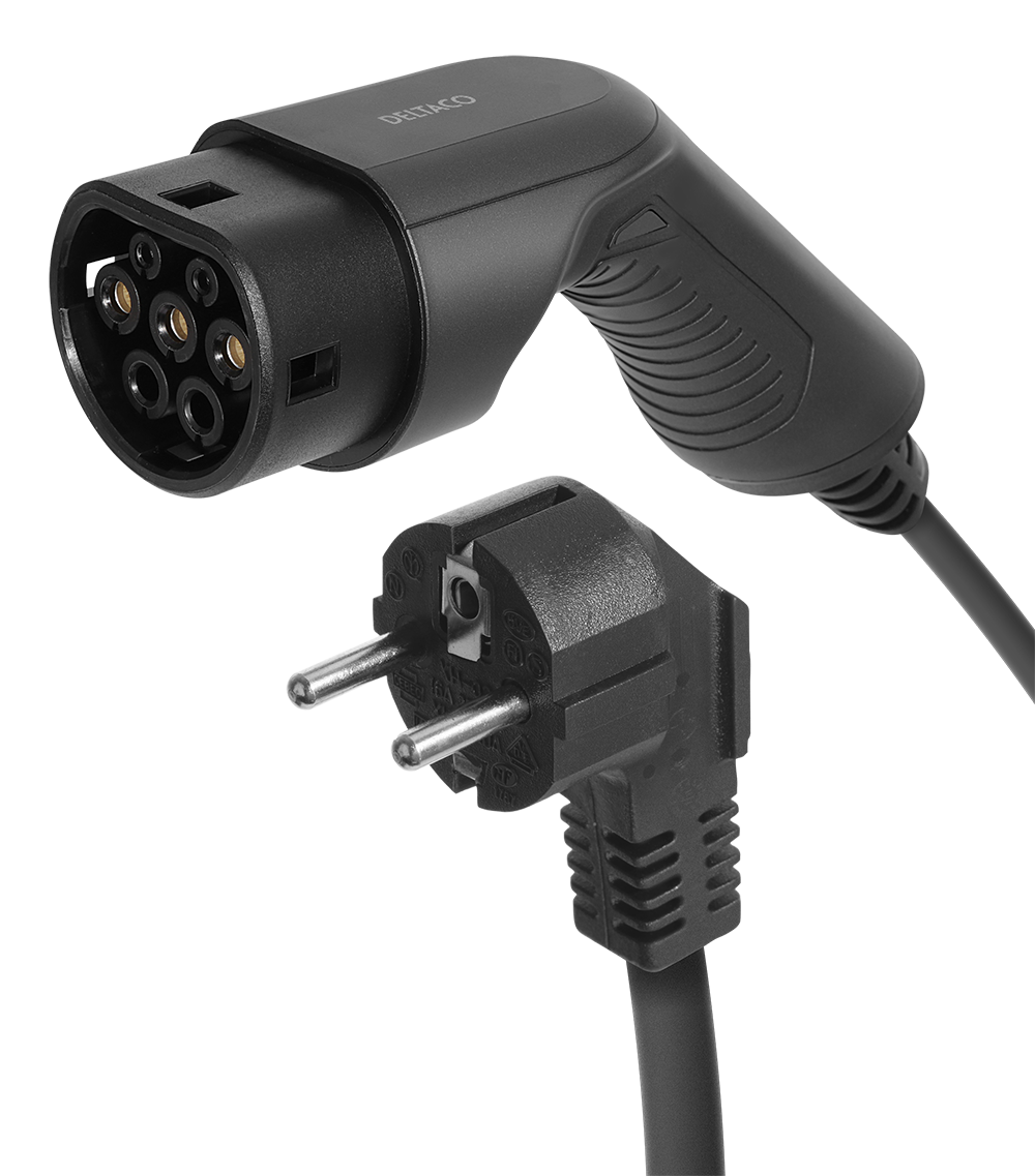 Charging cable DELTACO e-Charge Schuko for type 2, 1 phase, 1.8KW, 4m + 1.5m, black / EV-1227