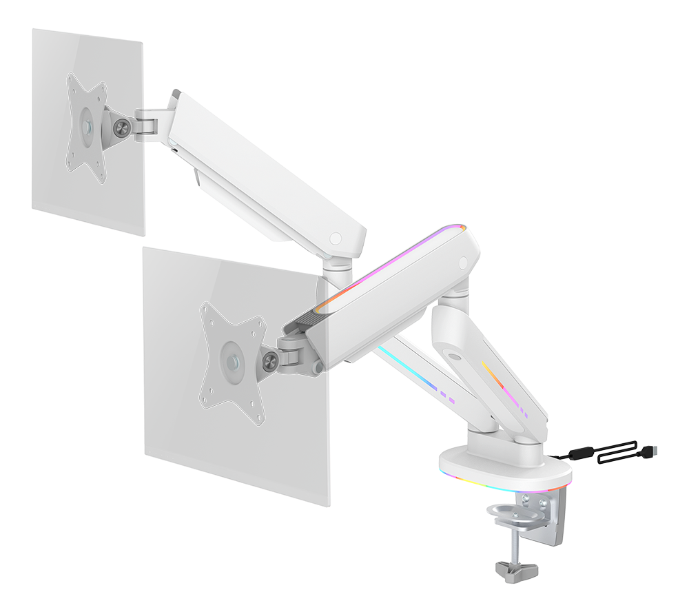 Dual Monitor Arm DELTACO GAMING WHITE LINE WA96, RGB, for 17"-32" monitors, max 18kg, fits curved monitors, white / GAM-135-W