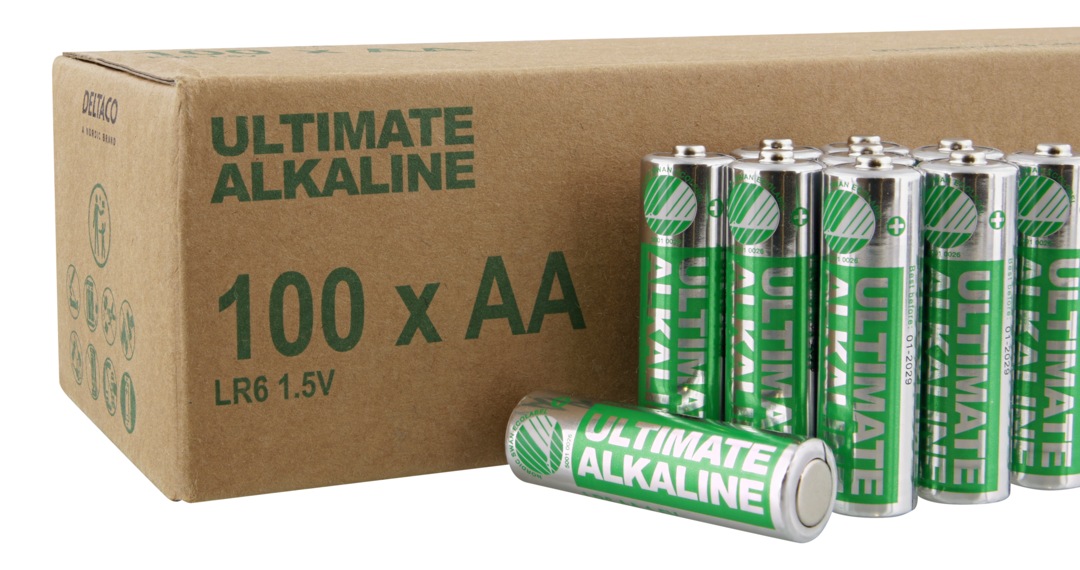 AA battery DELTACO Ultimate Alkaline, Nordic Swan Ecolabelled, 100-pack, bulk / ULTB-LR6-100P