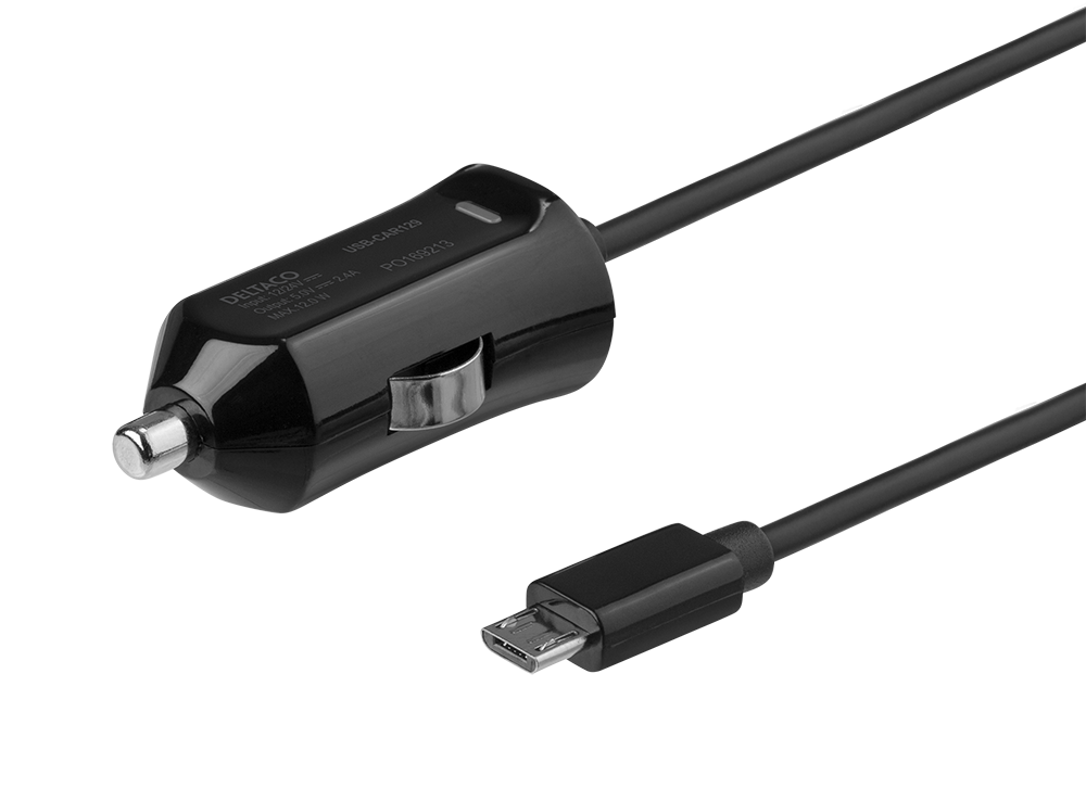 C ar charger DELTACO Micro USB, 2.4 A, 1 m fixed cable, 12 W total / USB-CAR129