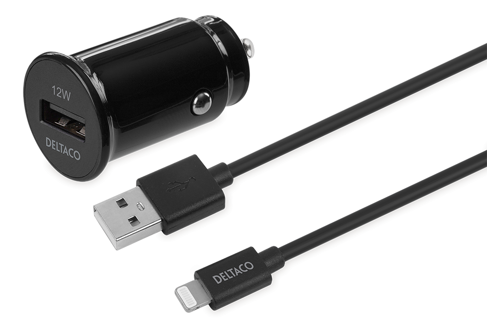USB car charger DELTACO with detachable USB-C to Lightning cable, 12 W, 1m cable, MFI, black / USB-CAR130