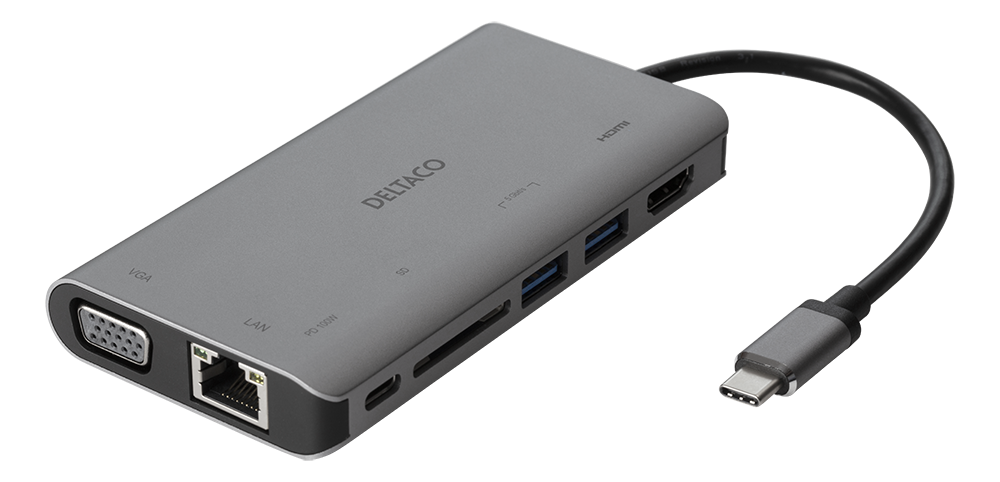 Docking station DELTACO USB-C to HDMI / VGA / USB / RJ45 / SD, USB-C port for charging, 3840x2160, space gray / USBC-HDMI18