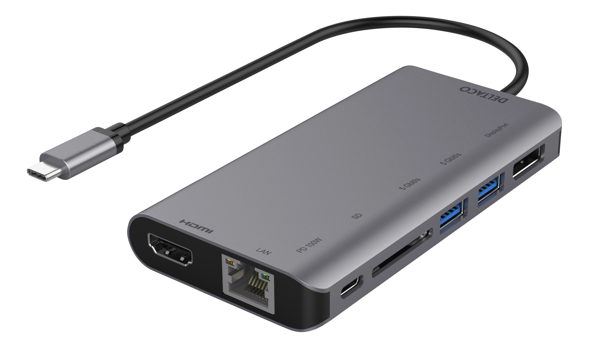 Docking station DELTACO USB-C to HDMI/DisplayPort/USB/RJ45/SD, USB-C port for charging, 3840x2160, space gray / USBC-HDMI19