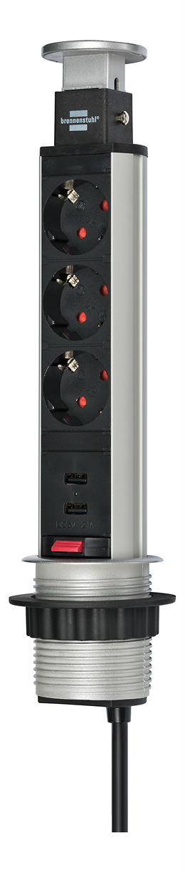 Brennenstuhl Tower Power USB Charger Desktop Extension, 3x CEE 7/4, 2xUSB, Silver / Black 1396200013 / GT-652