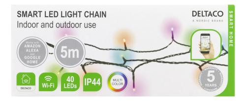 WiFi light chain DELTACO SMART HOME, 5m, 40 led, adapter, IP44, RGB / SH-LRGB5M