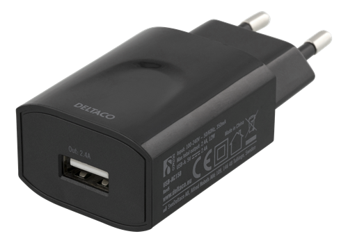 DELTACO wall charger 100-240 V to 5 V USB, 2.4 A, 12 W, 1x USB-A port, white bag, black / USB-AC158