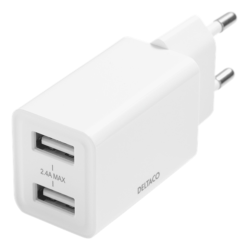 DELTACO USB wall charger, 2x USB-A, 2,4 A, total 12 W, white / USB-AC174