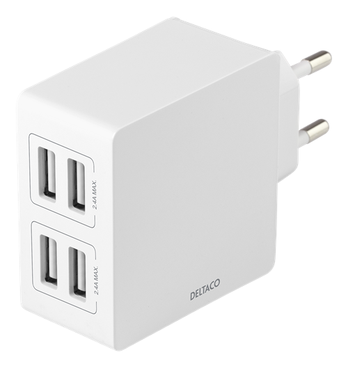 DELTACO USB wall charger, 4x USB-A, 2,4 A, total 24 W, white /  USB-AC176