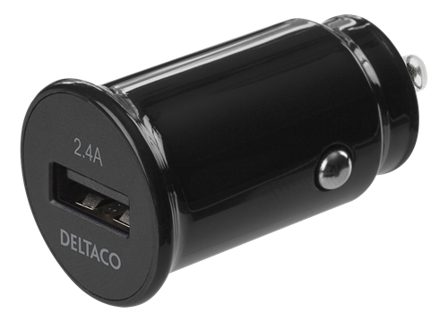 DELTACO 12/24 V USB car charger with compact size and 1x USB-A port, 2.4 A, 12 W, black USB-CAR123