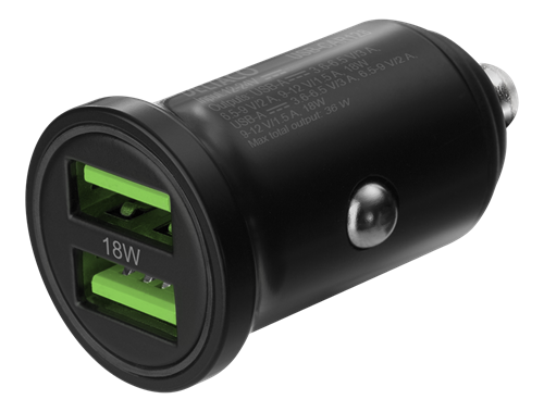 DELTACO 12/24 V USB car charger with dual USB-A ports, 36 W, black  / USB-CAR128