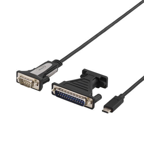 DELTACO USB-C to serial cable, RS-232, 1xDE9 ha, 1xUSB-C ha, incl. parallel adapter, 1.5m, black / USBC-1103