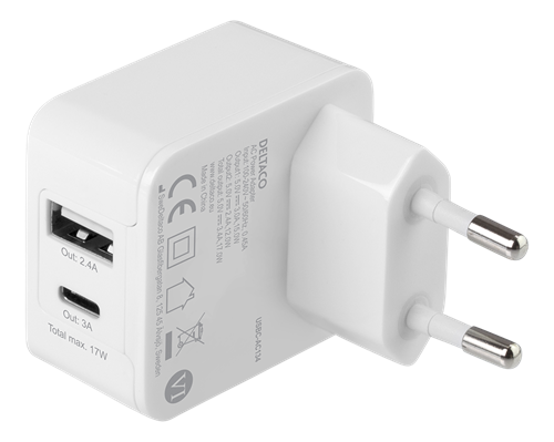 DELTACO Dual USB wall charger 1x USB-A, 1x USB-C, 17 W, white / USBC-AC134