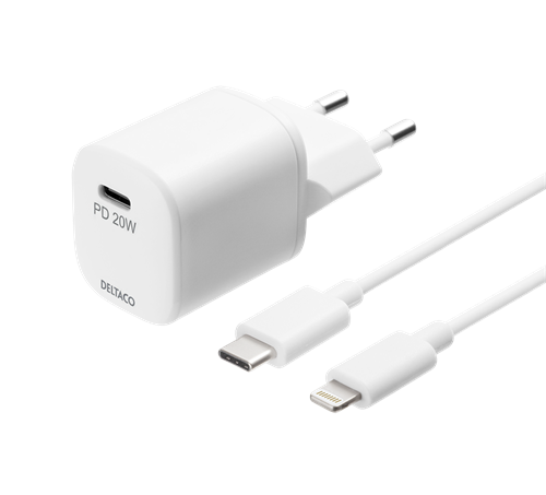 DELTACO USB wall charger, USB-C, PD 20 W, including 1 m C to Lightning USBC-AC141