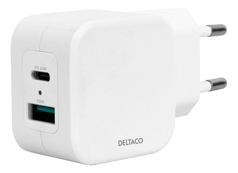 Dual USB wall charger DELTACO USB-A & USB-C Power Delivery 20 W, white / USBC-AC149