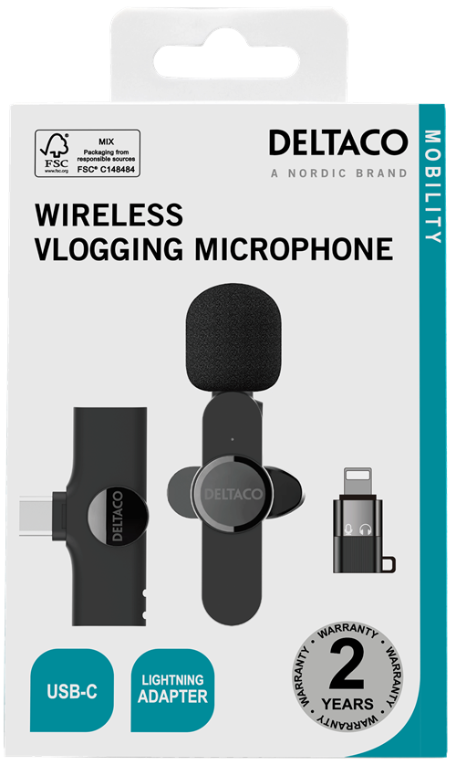Wireless vlogging microphone DELTACO USB-C/Lightning, 1-pack / VLOG-100