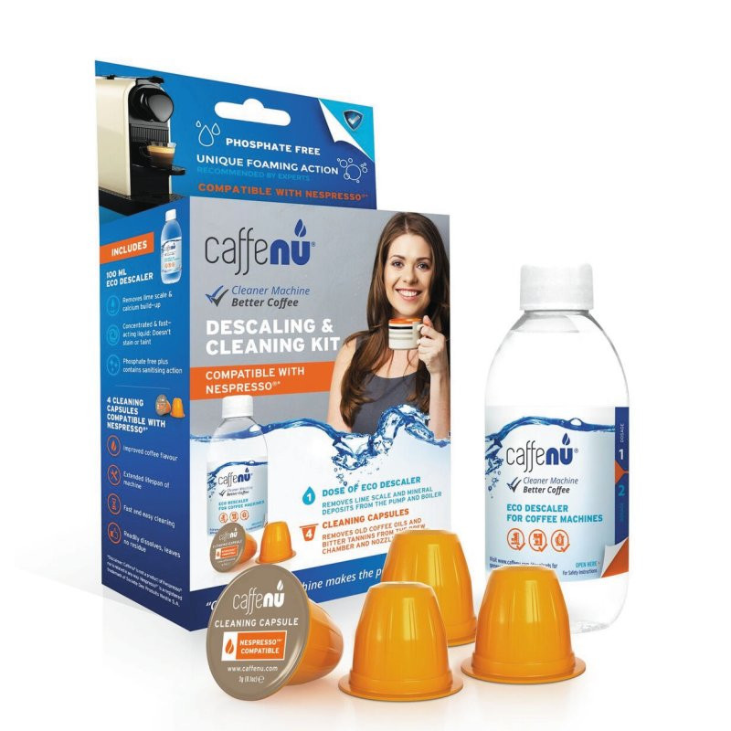 Descaling kit CAFFENU compatible with Nespresso machines, includes 4 cleaning capsules, 100ml eo descaler / 352729