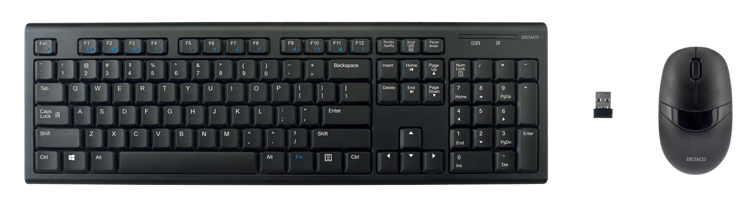 Wireless keyboard and mouse DELTACO 105 keys, US layout, 2.4GHz USB nano receiver, black / TB-114-US