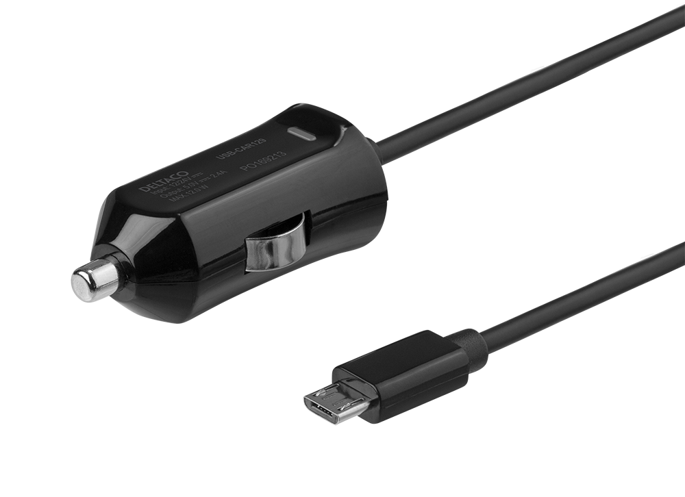 Автомобильное зарядное устройство DELTACO Micro USB, 2,4 А, фиксированный кабель 1 м, всего 12 Вт