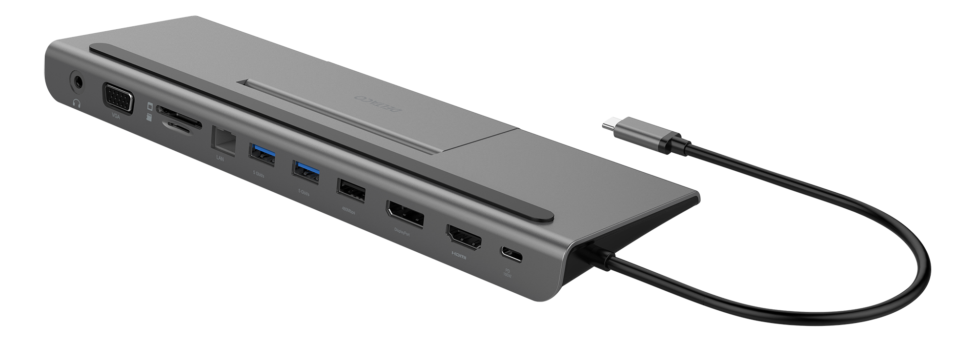 Док-станция DELTACO USB-C DP / HDMI / VGA / SD / RJ45 / 3,5 PD 3.0 spc серый