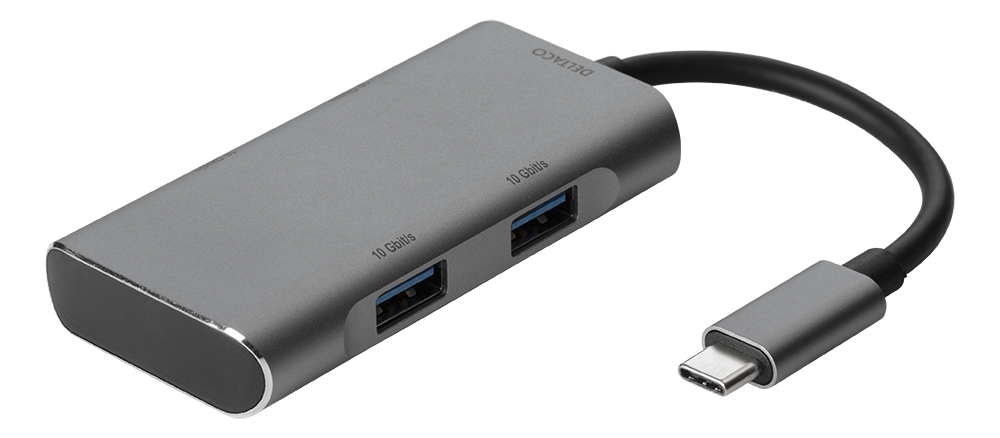 Концентратор DELTACO USB 3.1 Gen 2, 2xUSB-C, 2xUSB-A, серый цвет