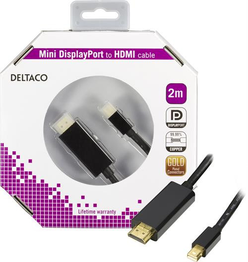 Кабель DELTACO mini DisplayPort к HDMI со звуком, Full HD при 60 Гц, 2 м,