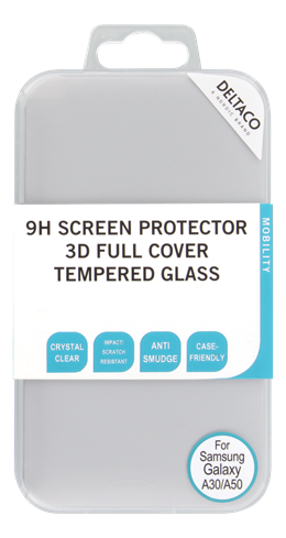 Защитная пленка для экрана DELTACO, Galaxy A30 / A50, 2.5D стекло с полным покрытием