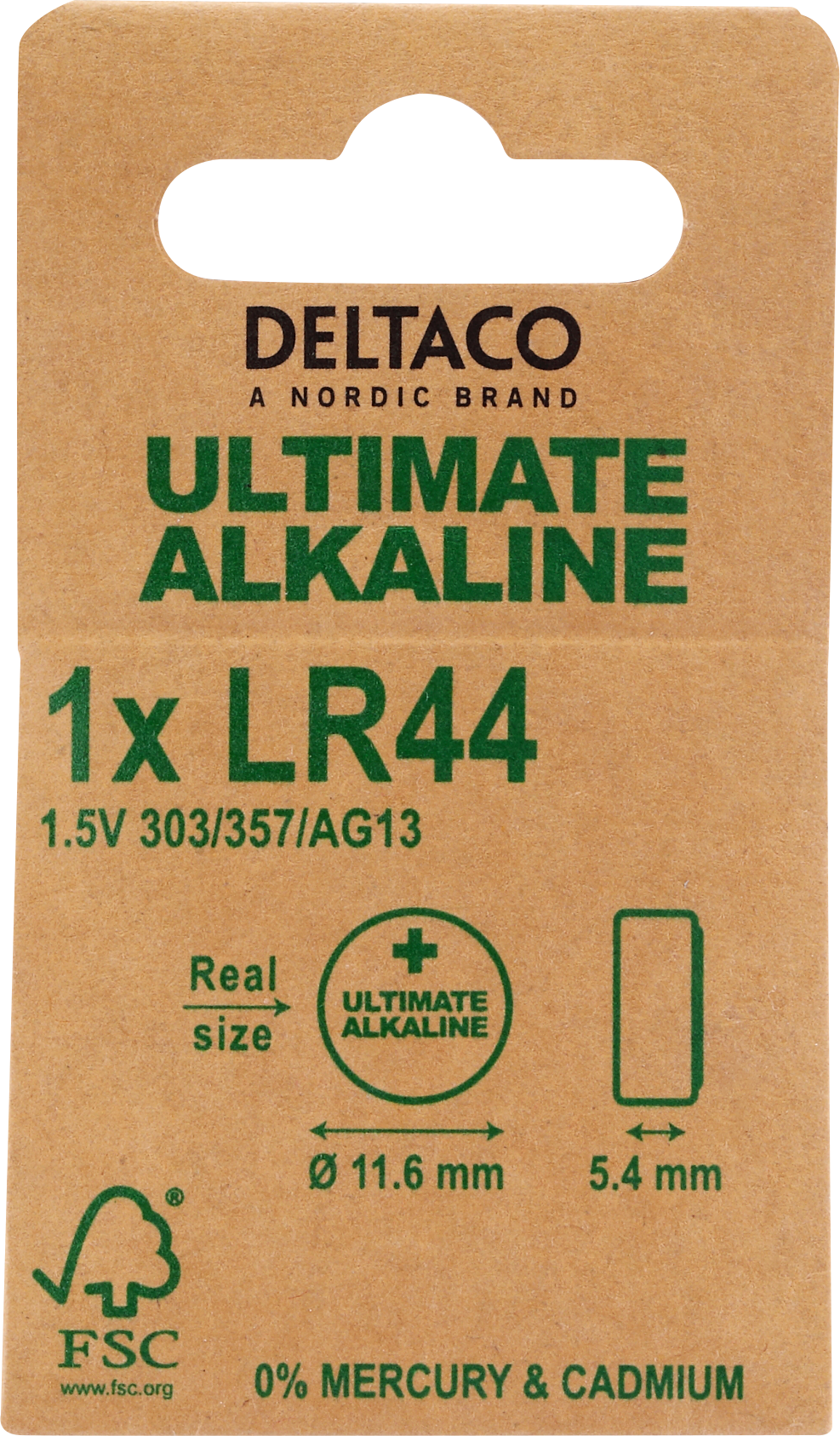 DELTACO Ultimate Alkaline, 1,5 В, кнопочная ячейка LR44, 1 упаковка