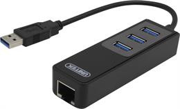 USB 3.0 Network Adapter , 10/100 / 1000Mbps , 1xRJ45, 1xUSB3.0 Type A ha, 3x USB3.0 Type A ho, black  USB3-GIGA3