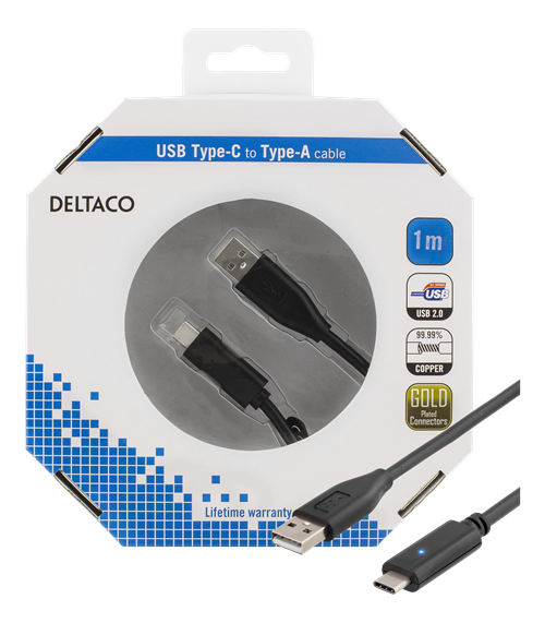 Phone cable DELTACO USB 2.0 "C-A", 1.0m, black / USBC-1004-K