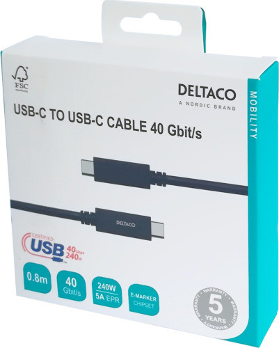 USB4 gen3, USB-C - USB-C, 5А EPR, черный, 0,8м
