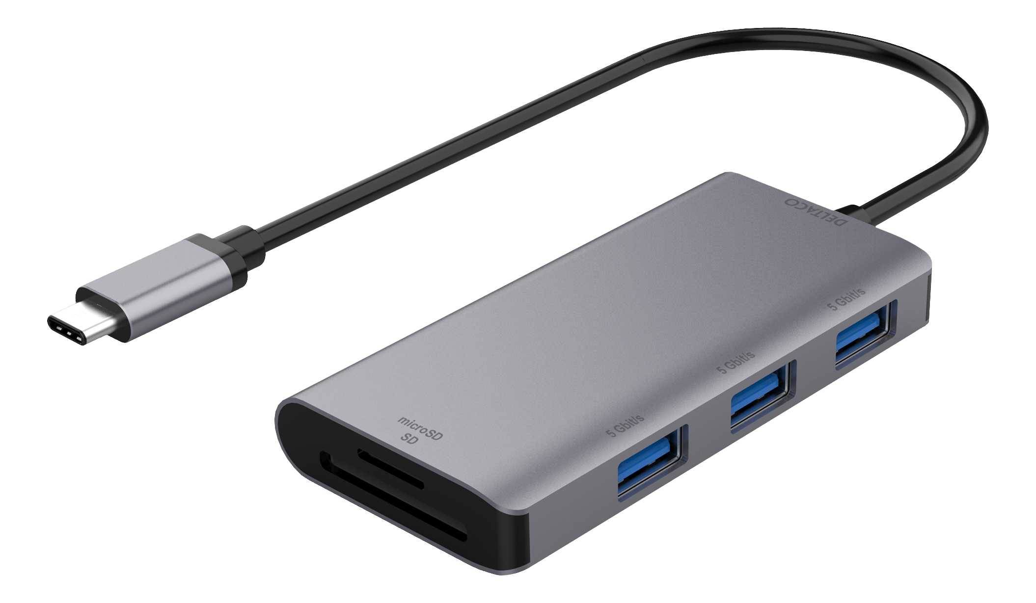 Концентратор DELTACO USB-C, USB-C 3.1 Gen 1, 3x USB-A, устройство чтения SD/mSD, серый
