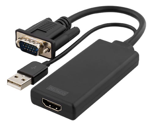 DELTACO VGA to HDMI adapter, audio via USB, 1080p, 1xVGA ha, 1xHDMI ho, 1xUSB Type A ha, black / VGA-HDMI6